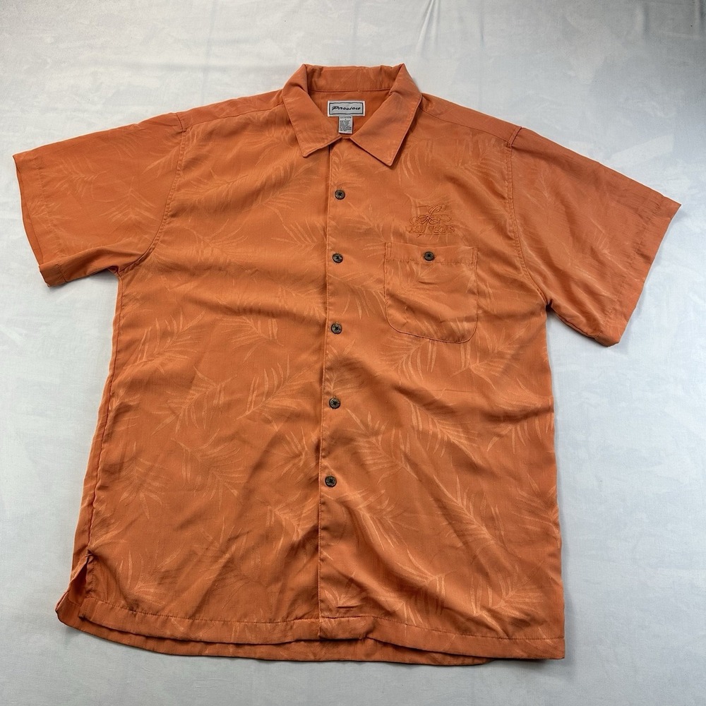Passion Mens Large Orange Hawaiian Camp Shirt Las Vegas Palm Button Up Resort